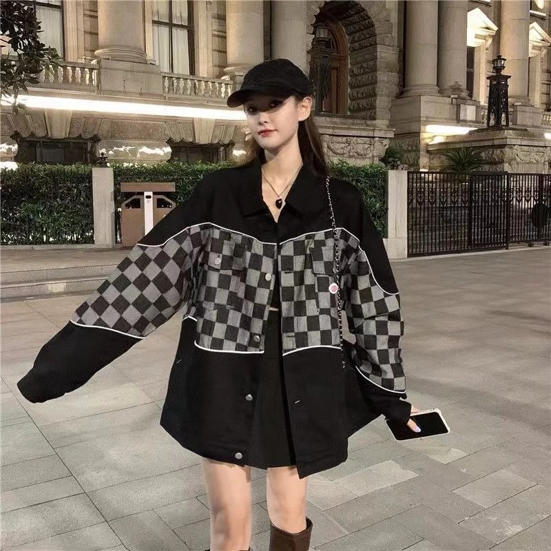 سترة نسائية كلاسيكية من قماش الدنيم ذات مربعات على طراز الشارع على طراز الهيب هوب بتصميم عصري وفريد من نوعه ملابس غير رسمية للربيع/الخريف #4