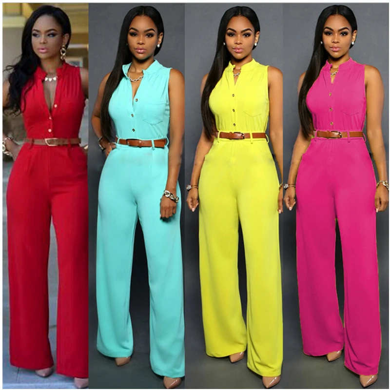 Elegante Vrouwen Jumpsuits Riem Woon-werkverkeer Zomer Hoge Taille Wijde Pijpen Knop V-hals Mouwloos Casual Mode Sexy Effen Kleur Bod