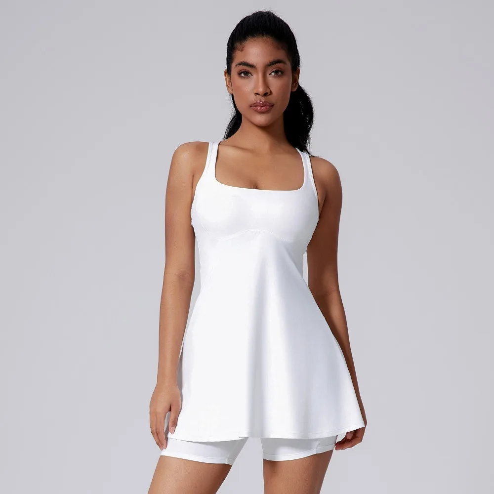 

Two-piece Nude Sport Dress with Beautiful Back Anti-exposure Leggings Outdoor Running Fitness Tennis Skirt