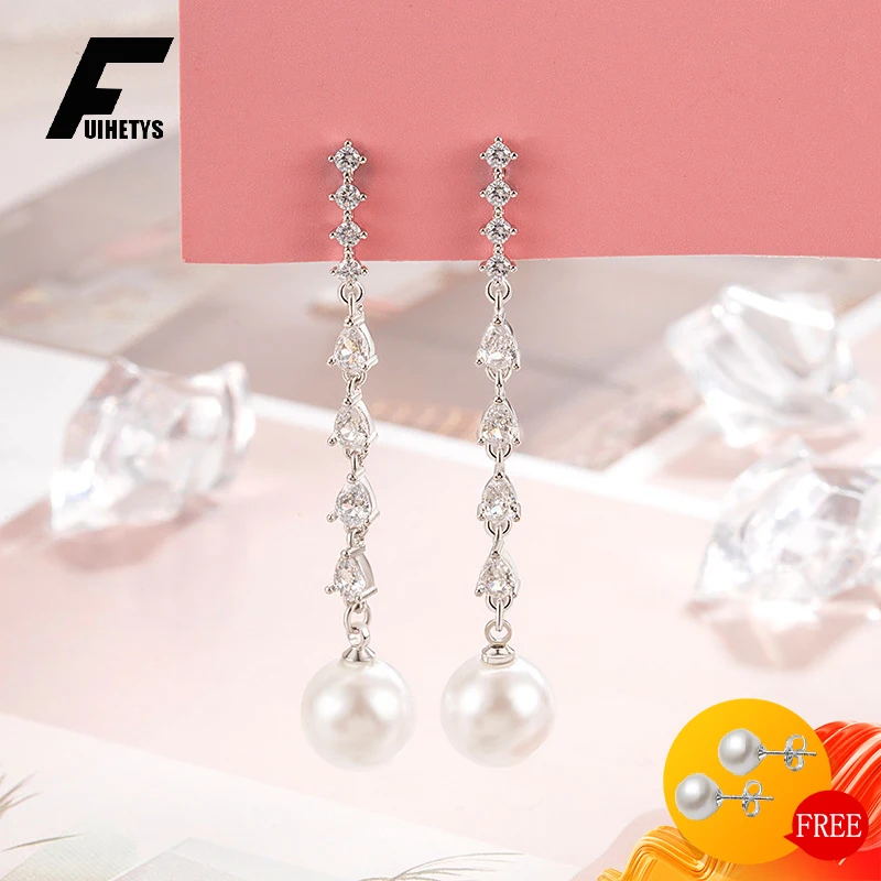 FUIHETYS 925 Silver Jewelry Drop Earrings with Pearl Zircon Accessories for Women Wedding Party Bridal Promise Gift Wholesale