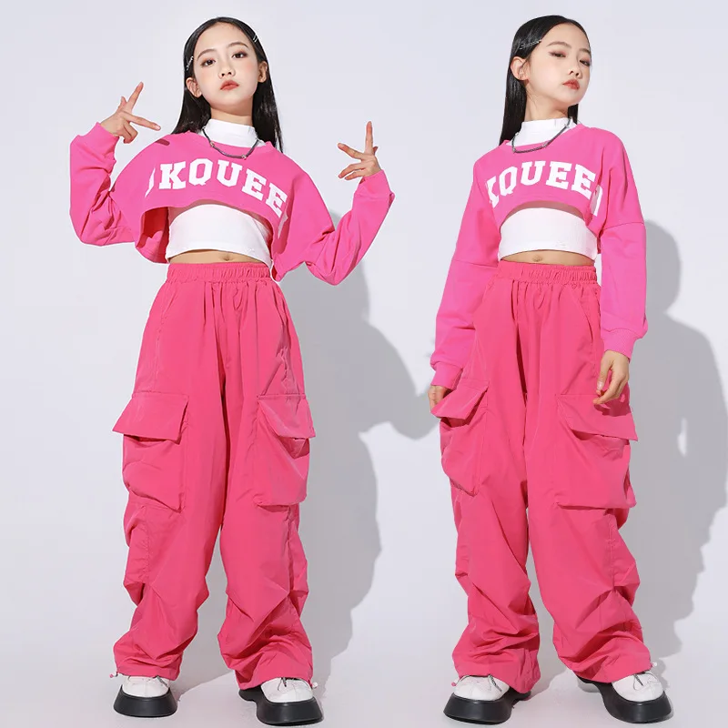 Girls Jazz Dance Outfit Set Hip Hop Girls Korean Style Pink Crop Top Kids Trendy Stage Performance Daily Practice Soft Dancewear view 5