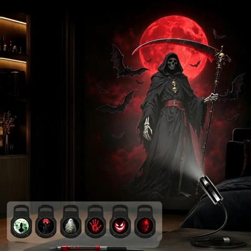 Halloween USB Projector Light Skull Ghost LED Lamp 360 Degree Rotating Switchable Pattern For Night Ambiance