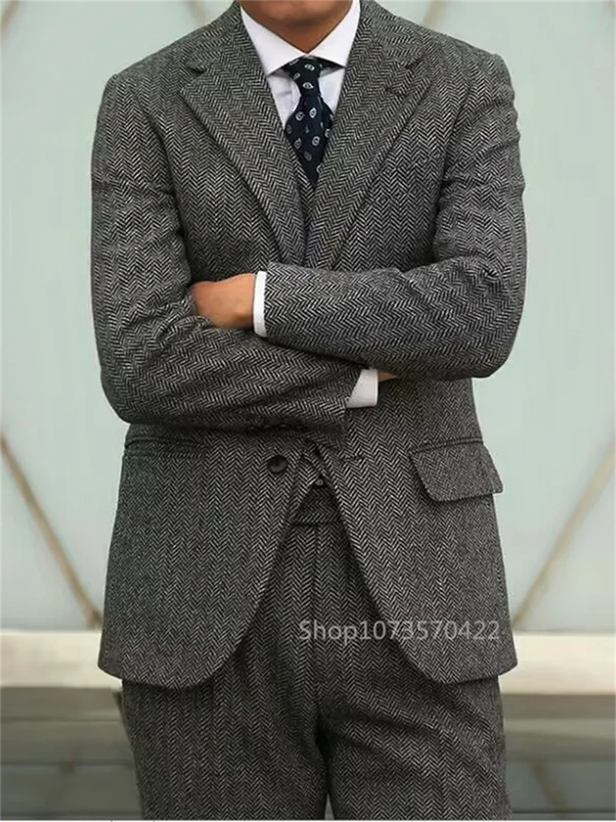 

3 Piece Set Grey Herringbone Tweed Men Suits Formal Notch Lapel Male Suit Slim Elegant Wedding Groom Business Casual Suit