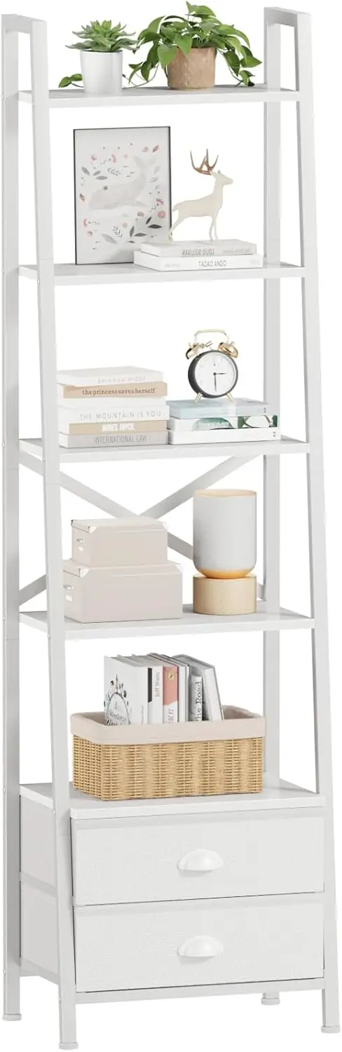 

5-Tier Ladder Shelf with 2 Drawers,Narrow Bookshelf Storage Shelves,Industrial Bookcase Freestanding Rack Units for Bedroom