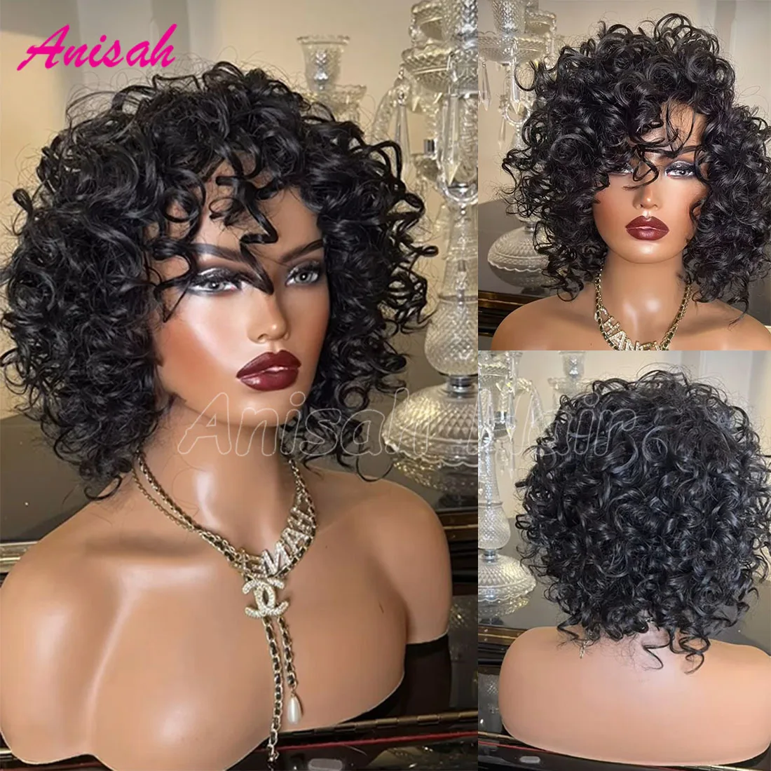 

13x4 Pixie Cut Short Curly Human Hair Wigs with Bangs Transparent Lace Frontal Wigs Bouncy Curl For Black Women Pre Plucked