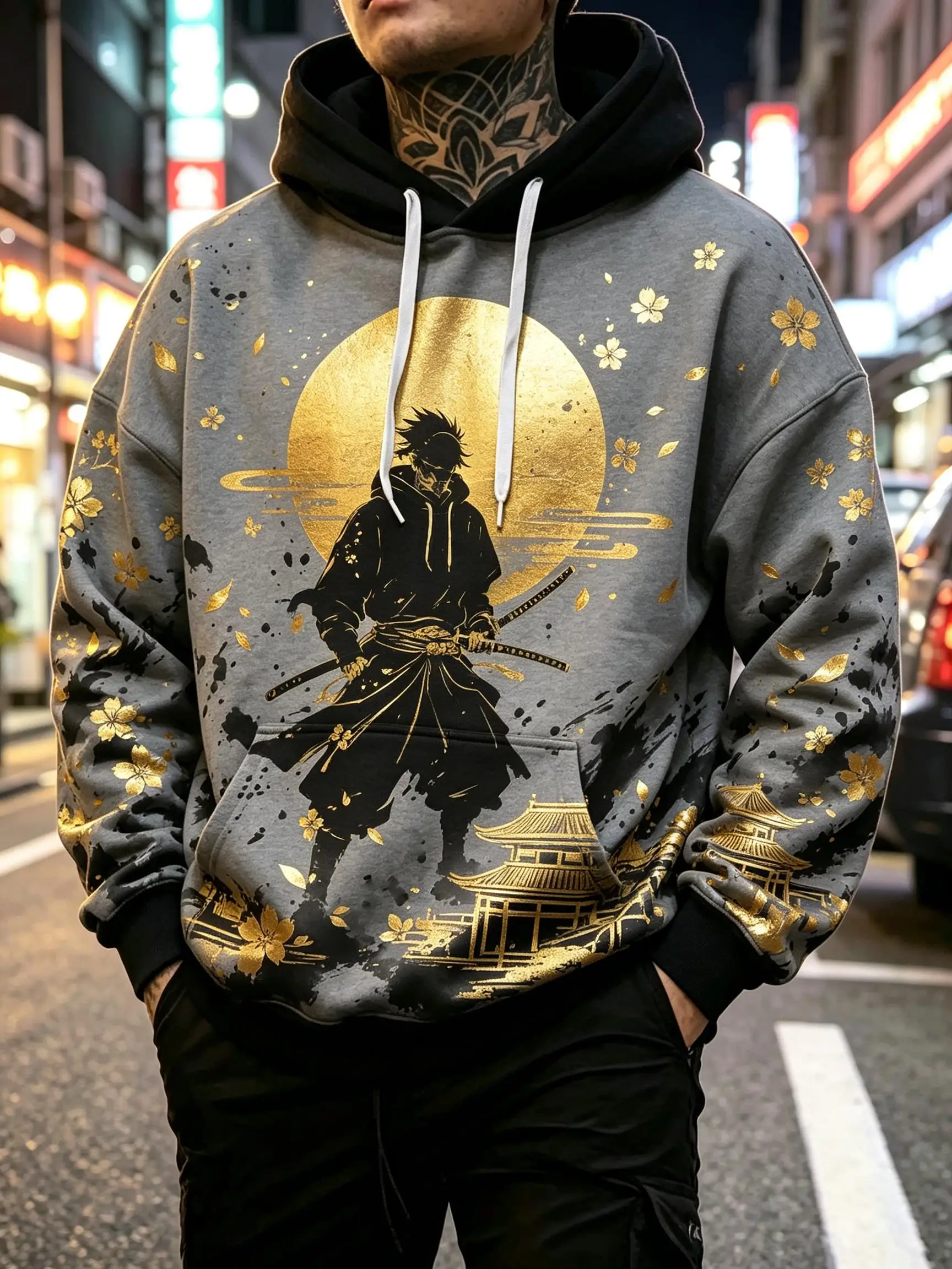 Men's Hoodie Black Grey Samurai Sunset Print Lightweight Comfortable Pullover Sweatshirt for Japanese Style Daily Wear