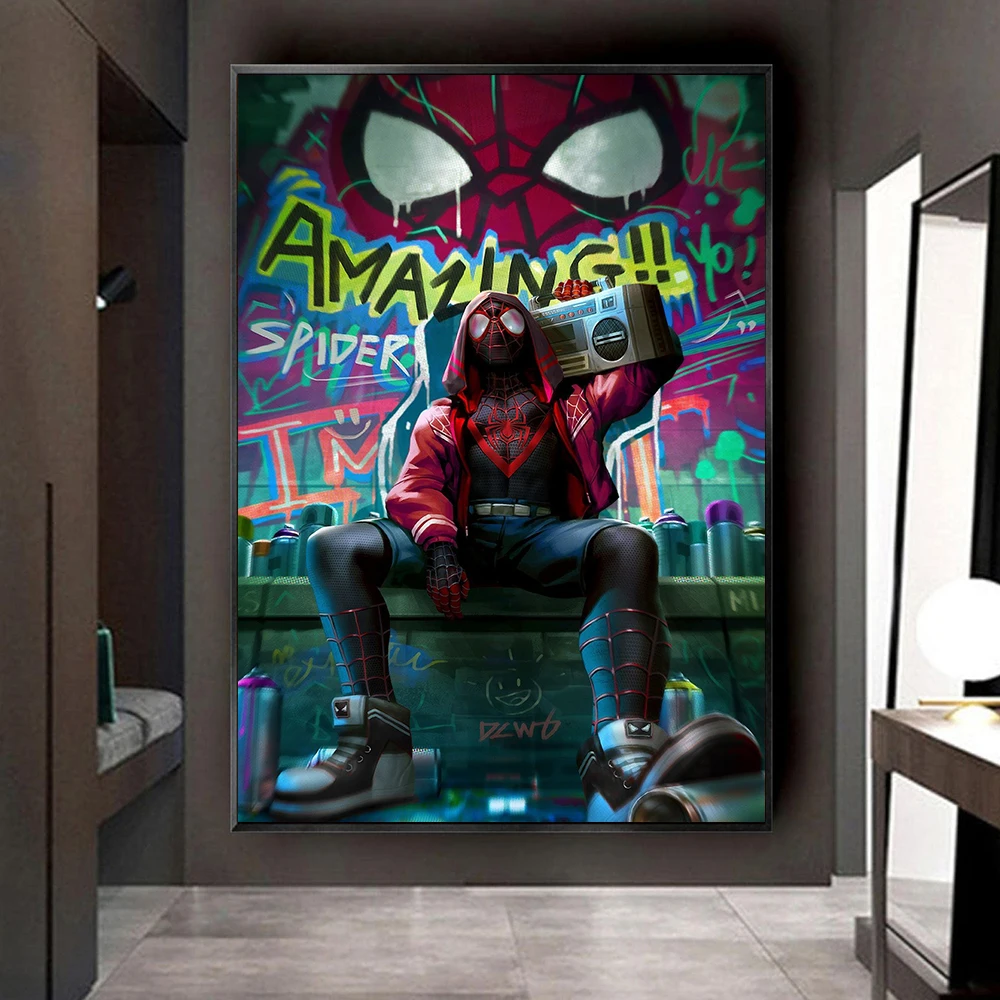 

Amazing Graffiti Miles Morales Poster, Spiderman Art Canvas Print, Fashion Cool Superhero Picture, Teen Room Home Bar Wall Decor