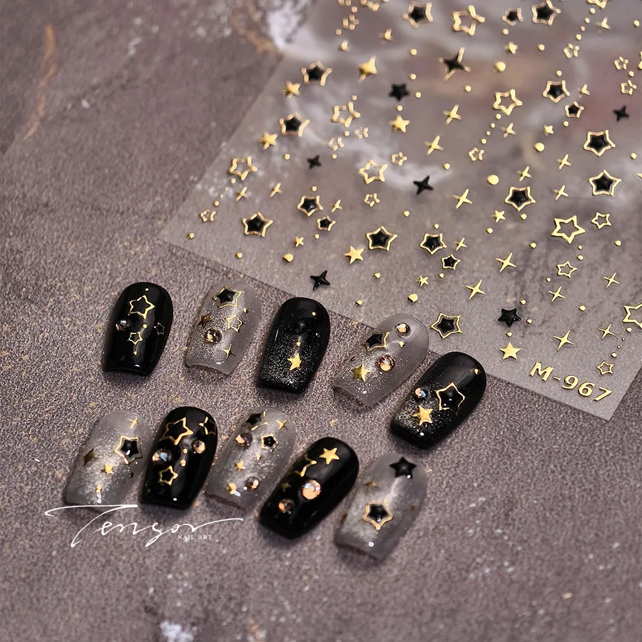 Pegatinas 5D de lujo para uñas, estrellas brillantes, calcomanías para uñas plateadas y negras, diseño de Arte de uñas de cinco puntas calado dorado, deslizador decorativo