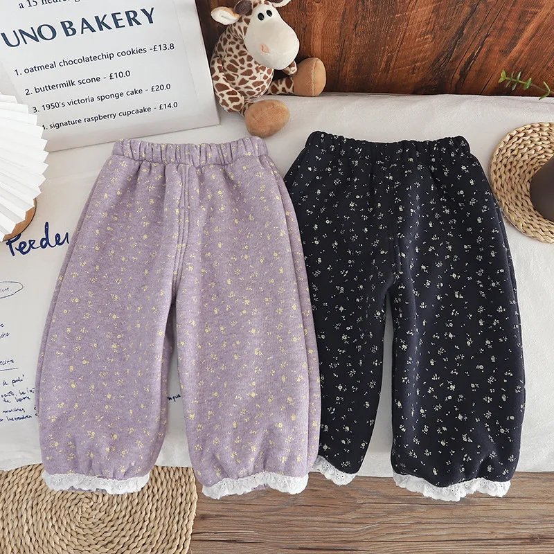 

Corduroy 2Colors Vintage Floral Girls Pants with Lace Trim Winter Fleece Lined Warm Trousers Loose Casual Girls Pants