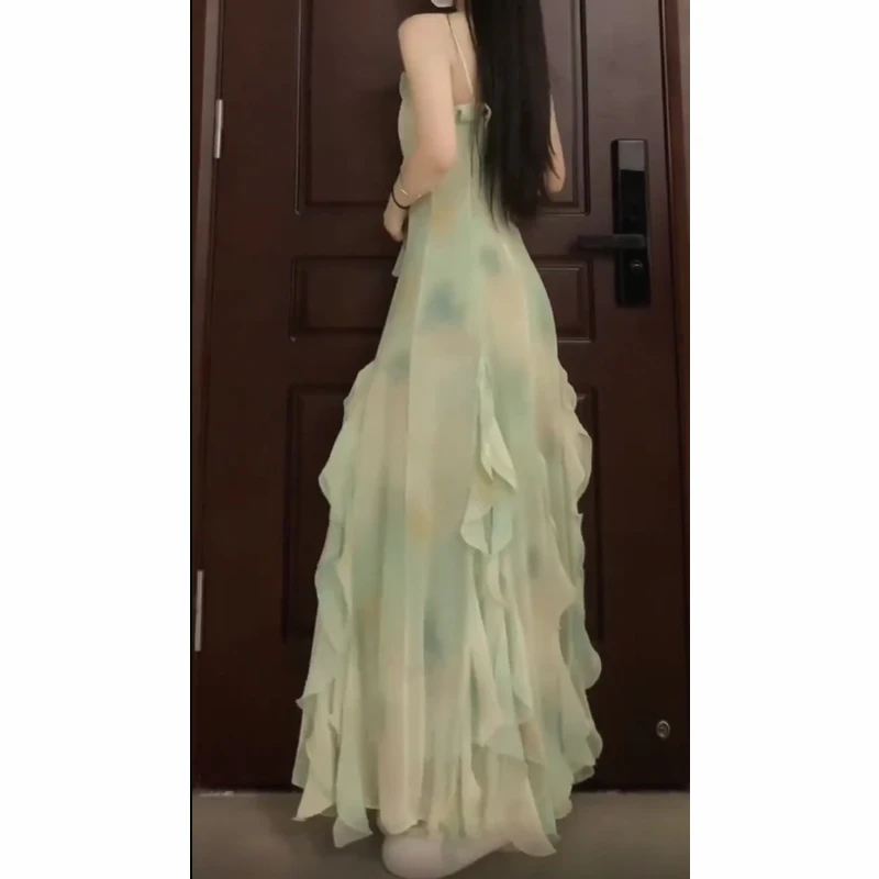 Mint Mambo Vacation Style Green Suspenders Dress Female Summer Ruffles Cinched Slimming Long Skirt