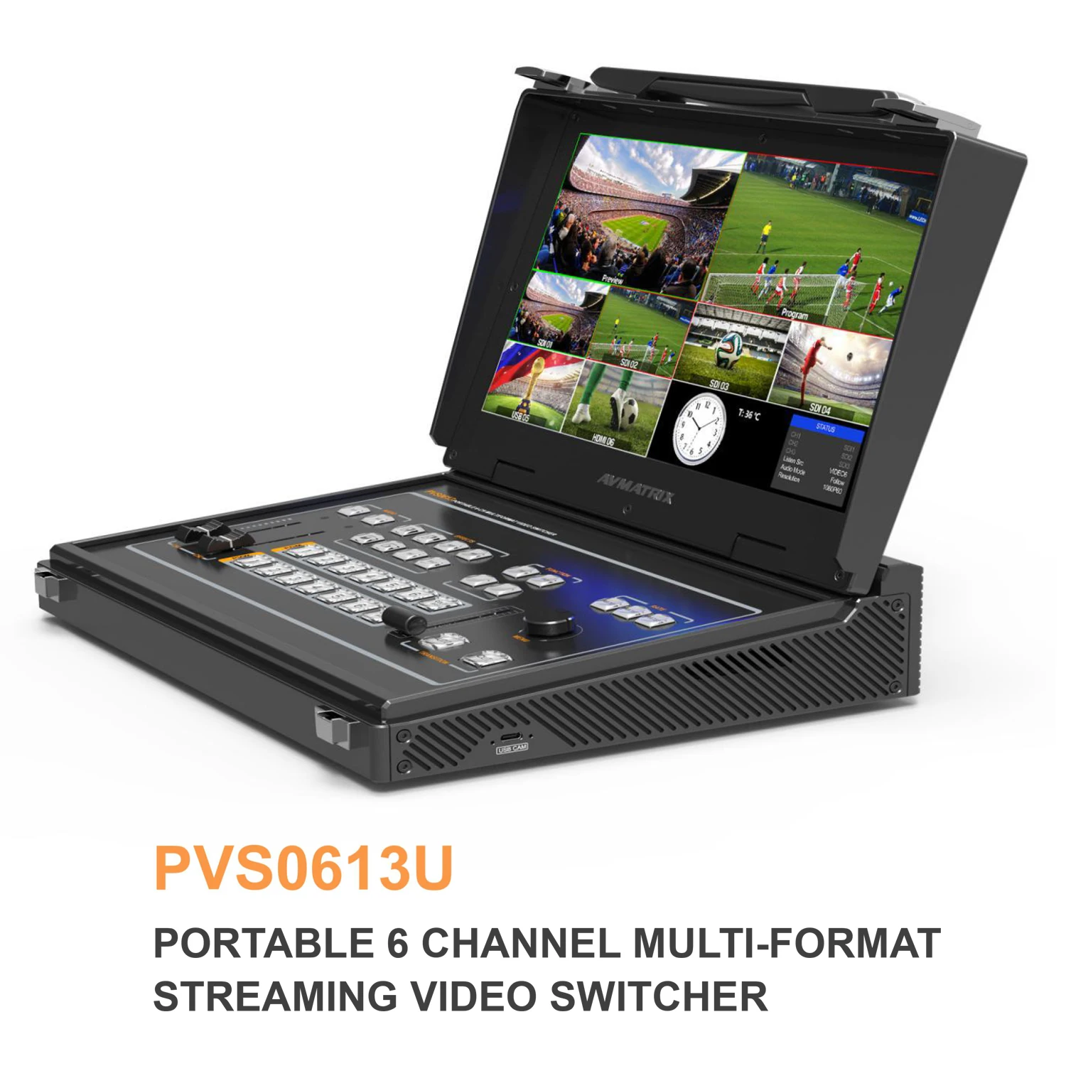 PVS0613U 13.3 Inch Portable Multi-format Streaming Video Switcher Monitor 6CH SDI/HDMI USB Type-C Out Black