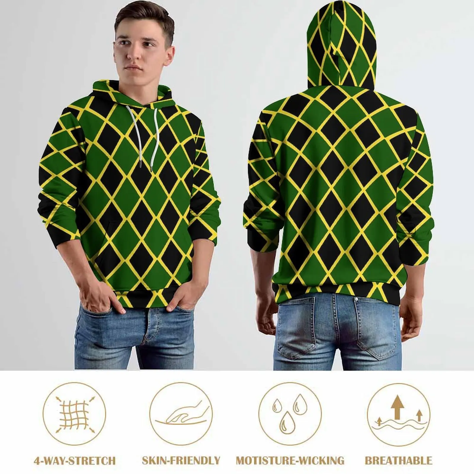 Bandeira jamaicana casual hoodies verde e amarelo y2k gráfico solto hoodie inverno manga longa harajuku roupas de grandes dimensões