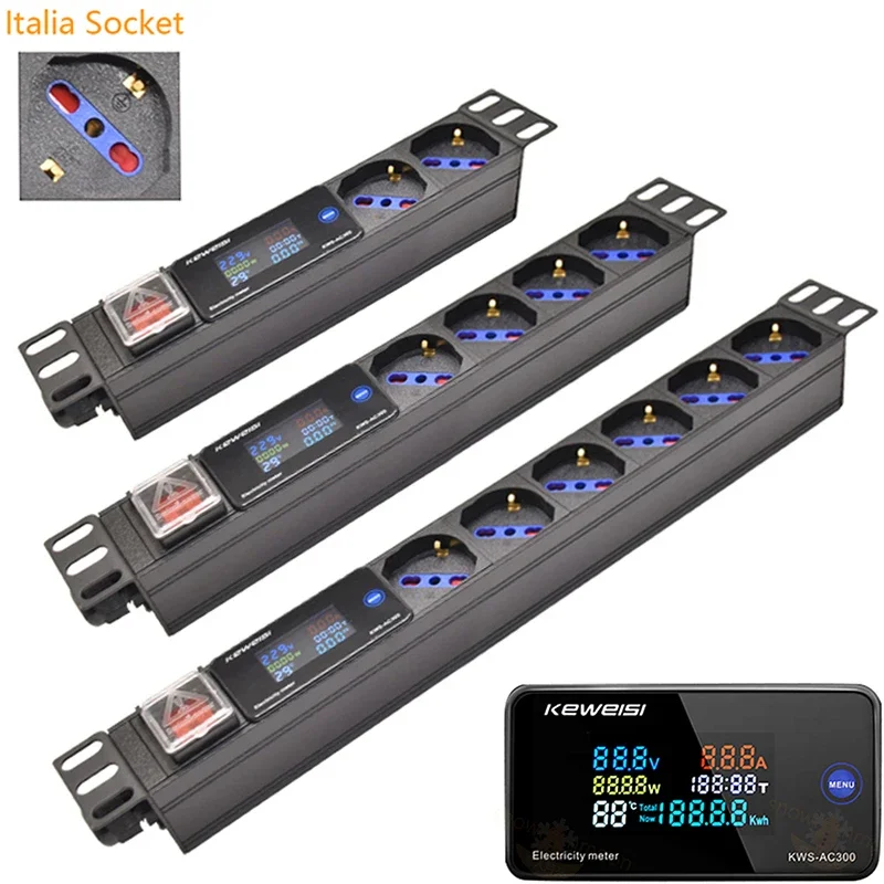 Cabinet PDU Power Strip 3Pin Italian socket Digital Voltmeter Ammeter power tester 2/3/4/5/6/7/8/9 Ways Outelts Italian plug