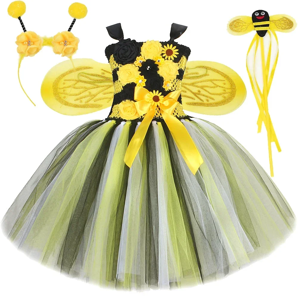 Girls Honey Bee Fairy Princess Dresses Flowers Honeybee Costumes for with Wings Kids Halloween Christmas Outfit Birthday Clothes