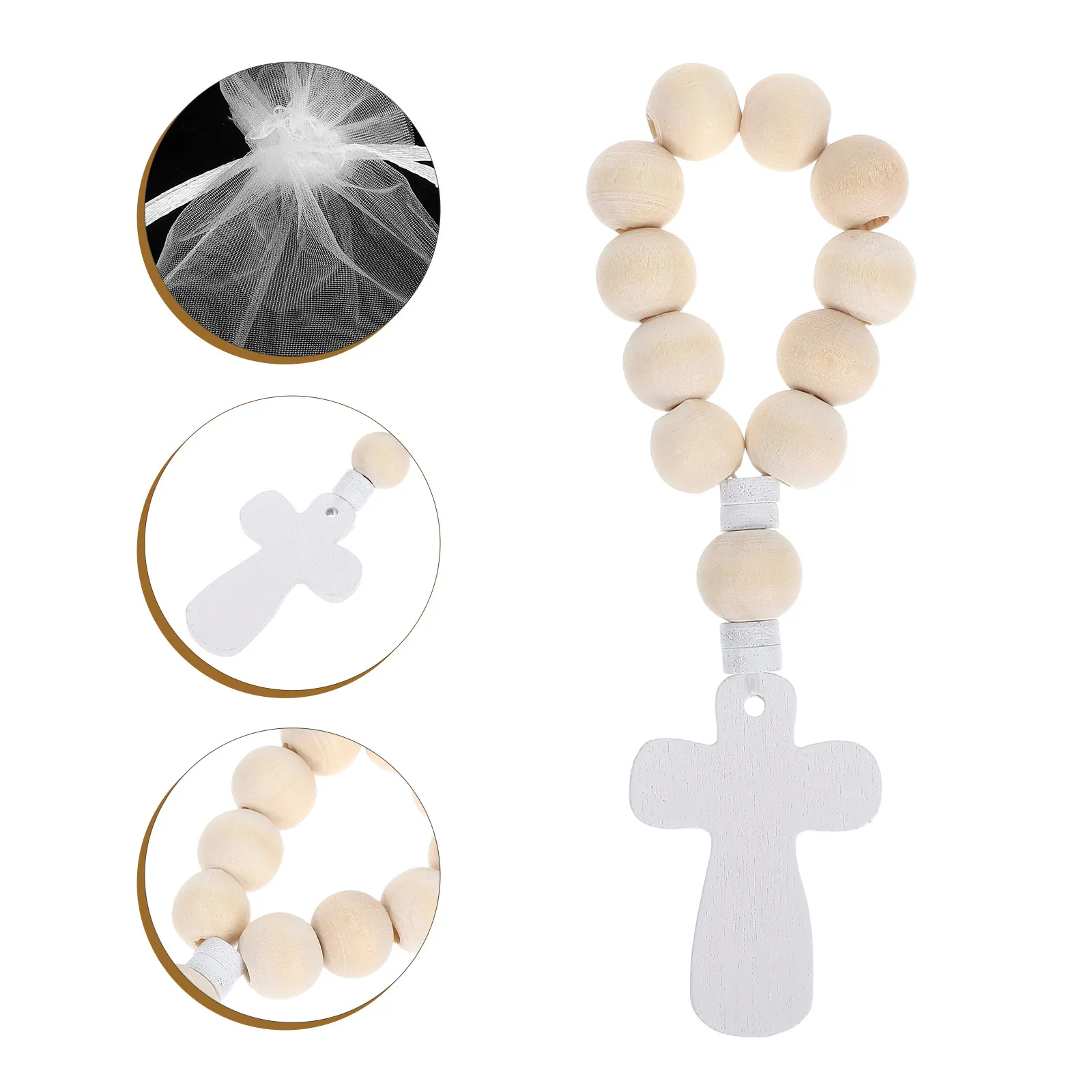 10 juegos de rosarios de madera para bautizo, con cuentas lisas y pulidas, colgante con crucifijo, bolsita de organza, recuerdo religioso, para baby shower, primer bautizo.