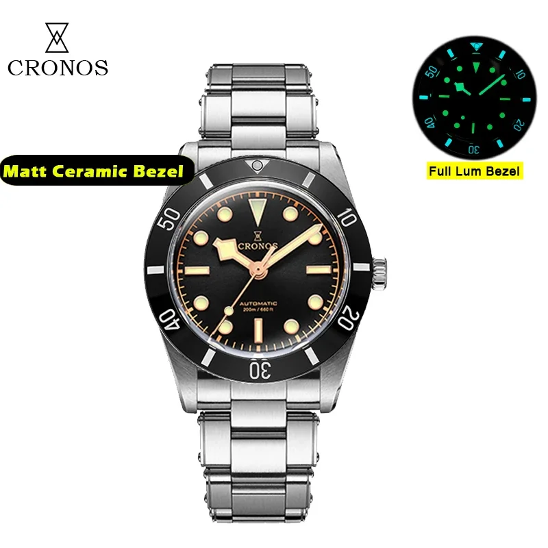 Cronos 37mm Dive Watch BB54 PT5000 Automatic Sapphire Crystal 20Bar Waterproof Super Luminous Luxury Vintage Wristwatch L6033