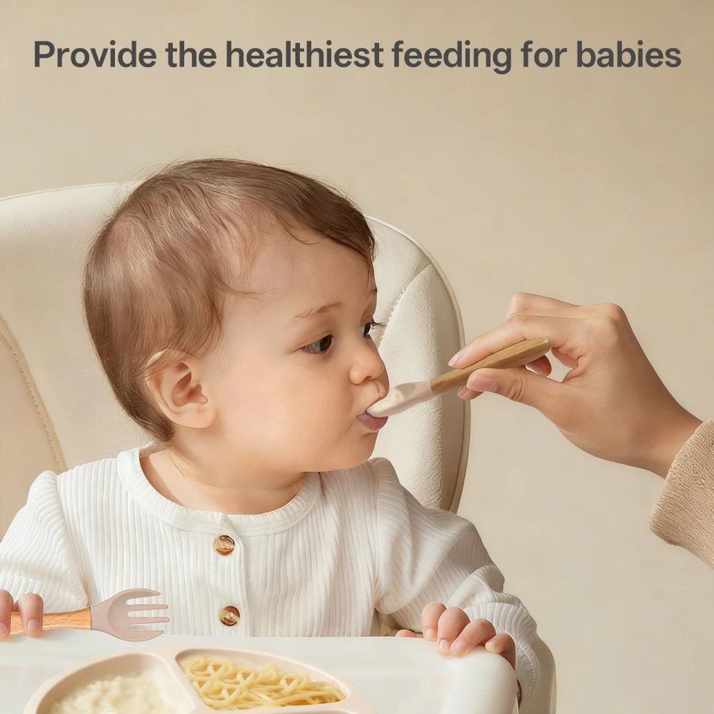 

2 детские силиконовые ложки, детская ложка-вилка с деревянной ручкой, легко чистится, моющаяся в посудомоечной машине, простое термостойкое детское питание