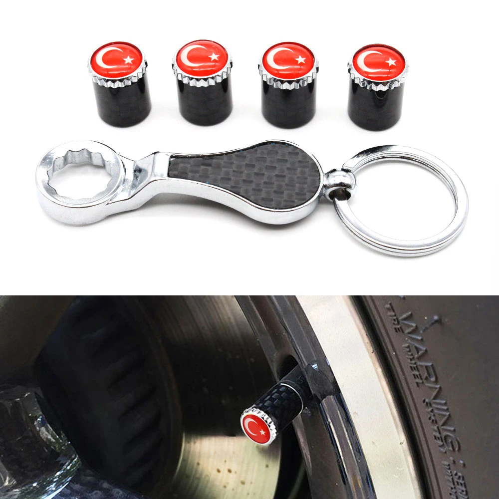 DSYCAR 1Set Auto Car Wheel Tire Air Valve Caps with Wrench Keychain Carbon Fiber + Copper Stem Dust Cover Car Accessories