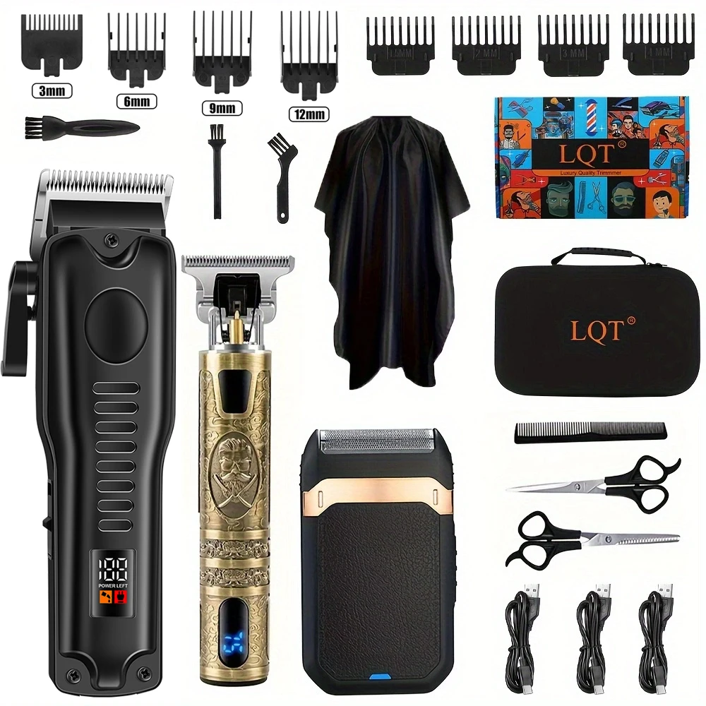 

Hair clipper three-piece set, sculpting oil hair scissors, digital display low noise adjustable home electric fader