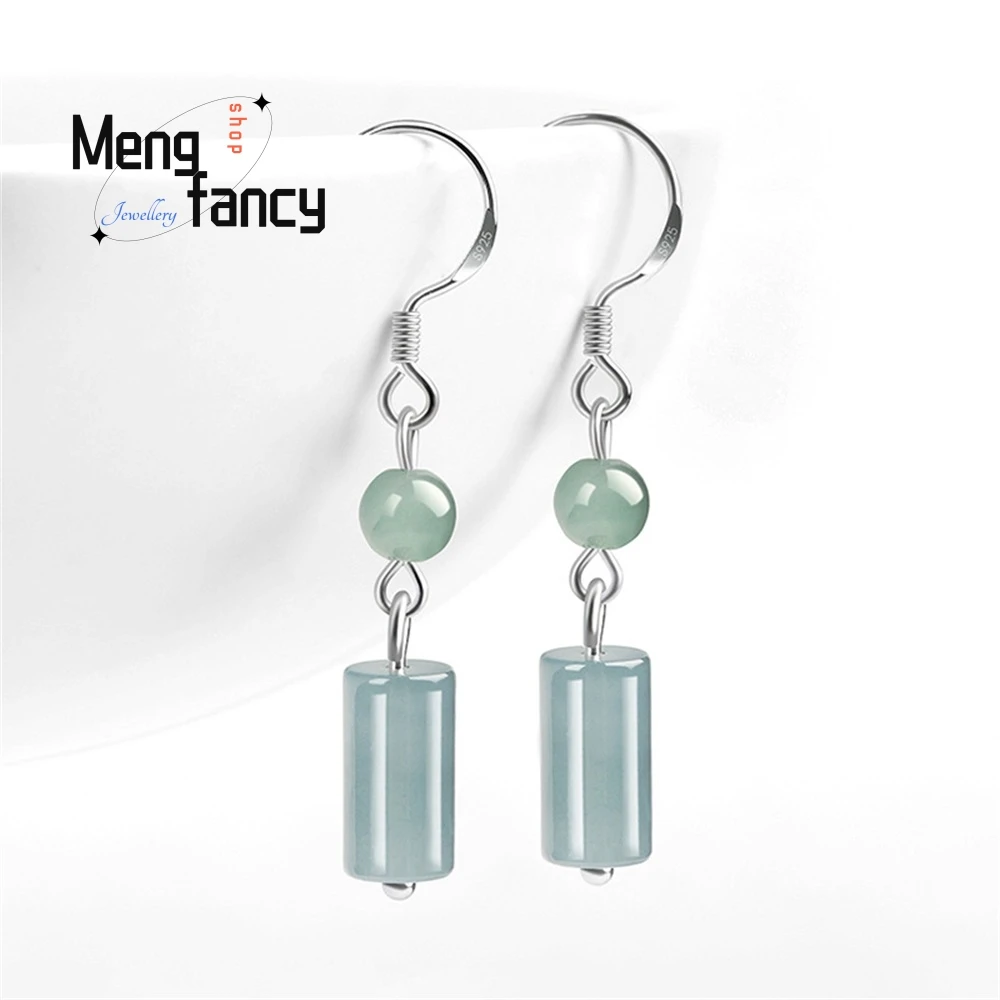 

High-Grade S925 Silver Inlaid Natural A Goods Jade Blue Water Jade Pillar Earrings Ice Jade Ancient Style Women's Earrings