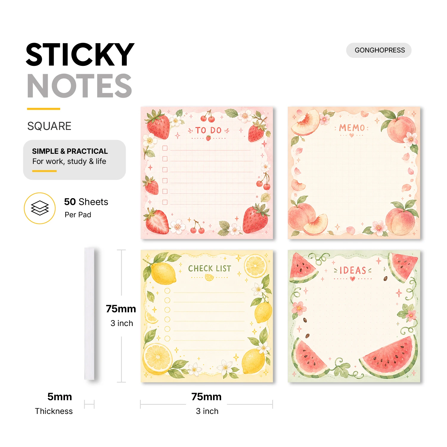 4pcs Fruit Watercolor Sticky Notes Set, Strawberry Peach Lemon Watermelon Self Stick Memo Pads, 200 Sheets Total, Cute Floral