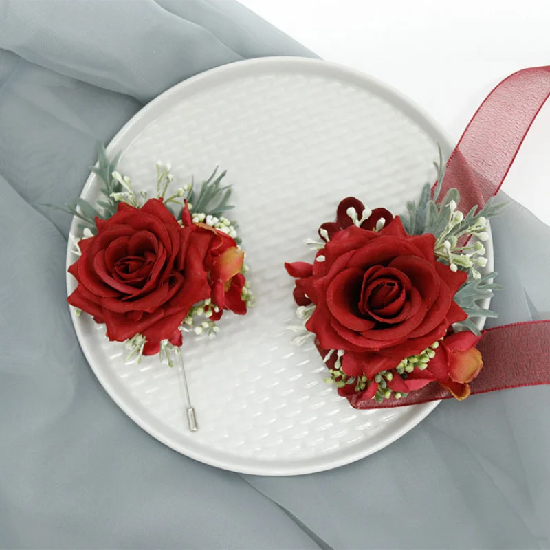 Flores artificiales rojas para dama de honor, boutonniere, mariage homme, rosas, pulsera de novia, accesorios de boda