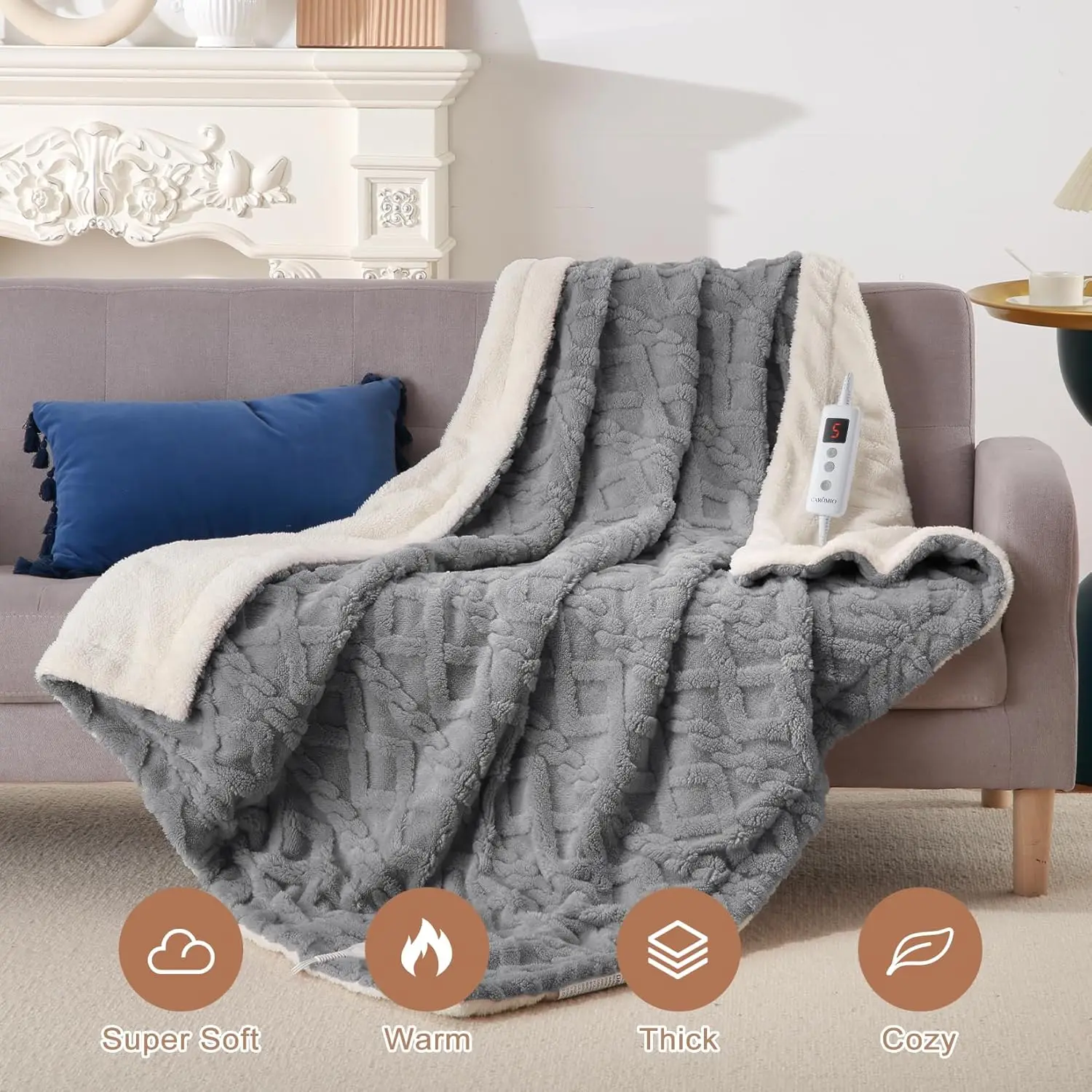 Heated Throw Blanket - Thick Tufted Sherpa Electric Blanket Throw with 10 Heating Levels and 10 Time Settings, Washable 50