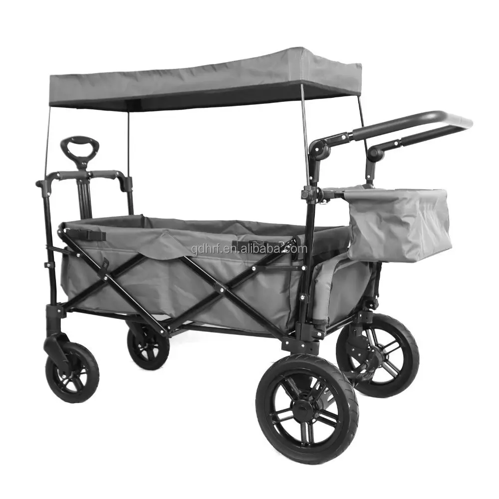 

Stroller Wagon For Kids Foldable 2 Seater Kids Wagon Adjustable Handle Removable Canopy Safety Harness Large Storage All Terrain