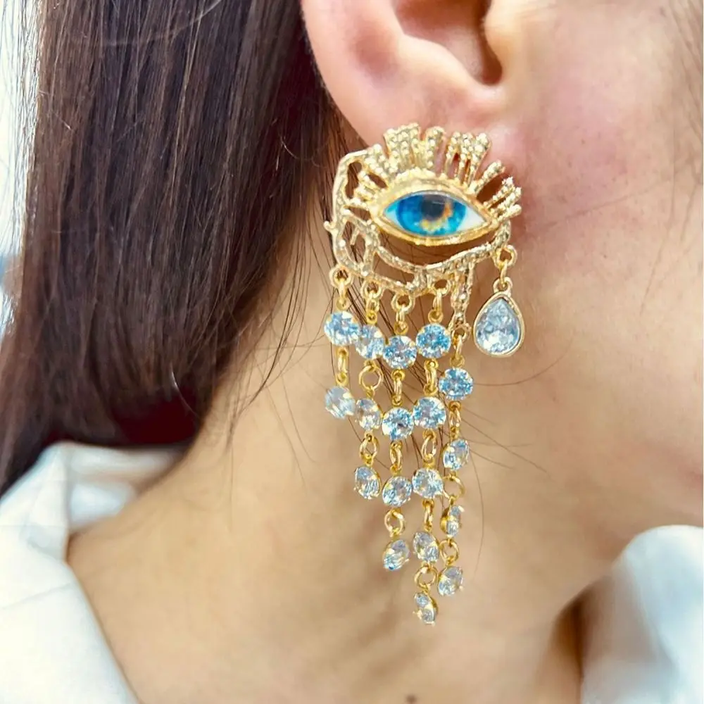 Vintage Devil\'s Eye Earrings Long Tassel Rhinestone Earrings Girl Shiny Zircon Crystal Dangle Earrings Personality Fashion