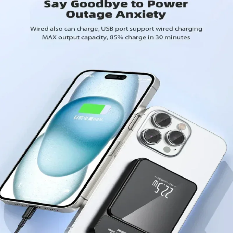 Power Bank 2 in1 30000mAh Magnetic Qi Wireless Charger Power Bank 22.5W Mini Powerbank For iPhone Samsung Huawei Fast Charging