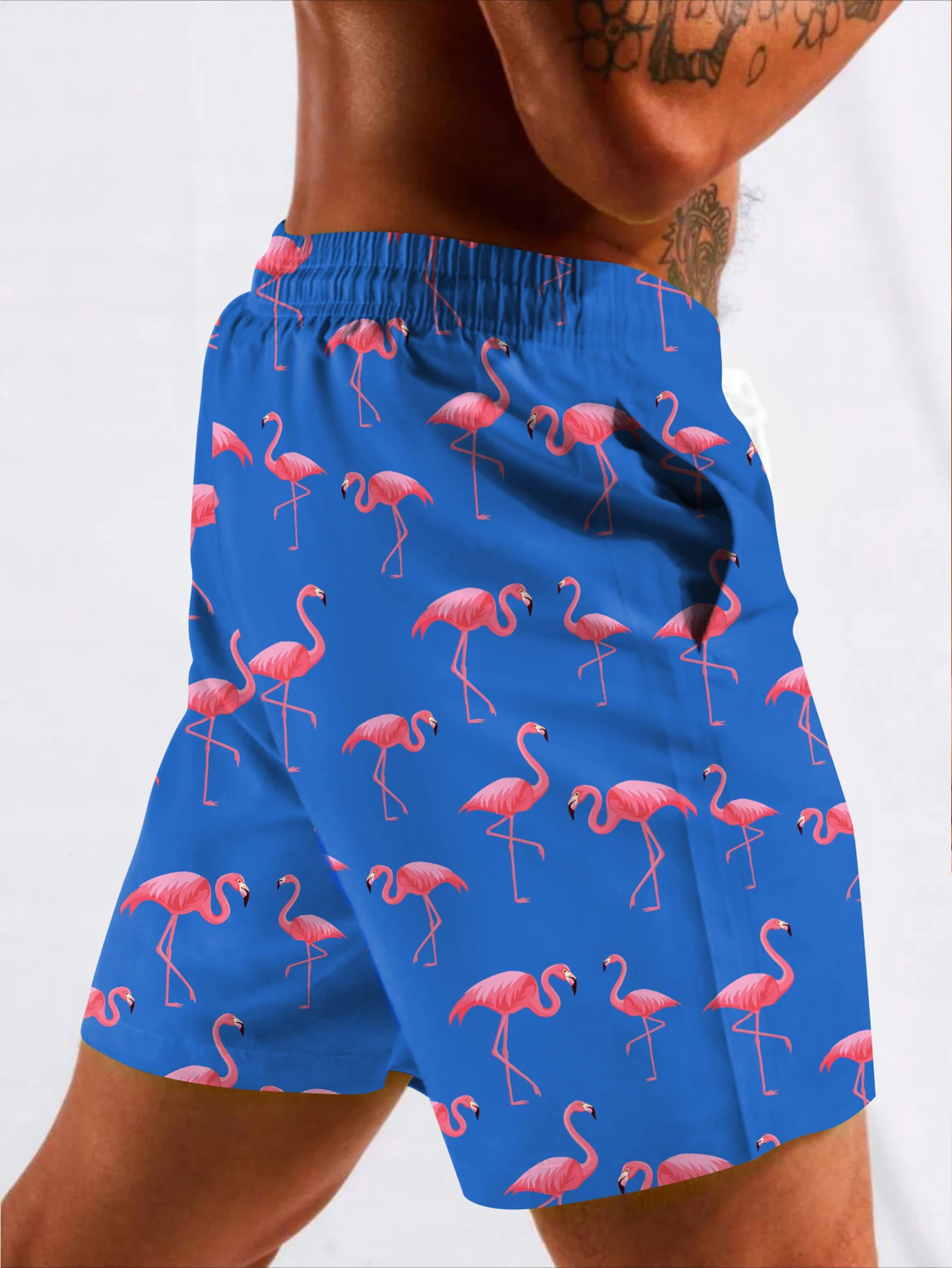 Men\'s Flamingos Digital Print Shorts, Casual, Double Layer Drawstring, Phone Pocket Design, Summer Beach Shorts