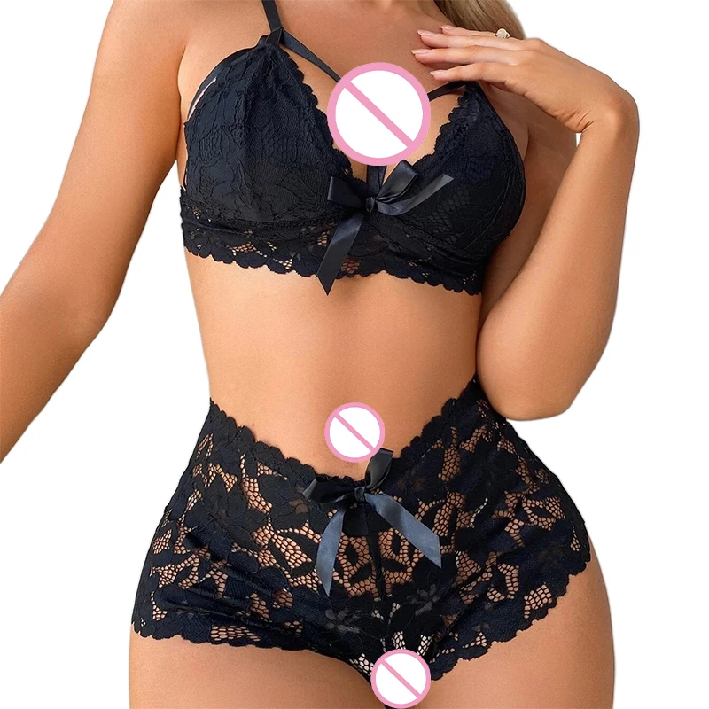 

Deep V Lace Lingerie Set, Sheer Teddy with Hollow Out Details, Alluring Bra & Panty Sleepwear for Women