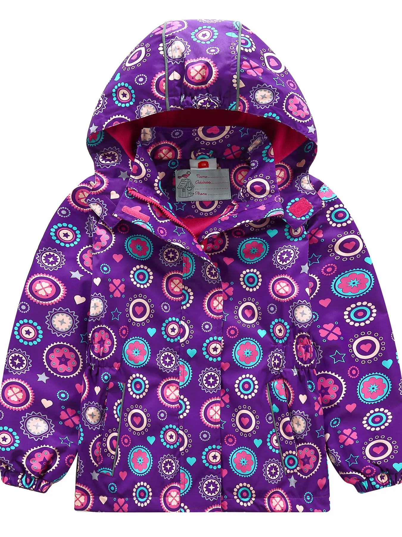 Girl\'s Jersey Windproof & Waterproof Thermal Warm Hoodie Jacket, Full Print & Reflective Details Outdoor Windbreaker Rain Coats