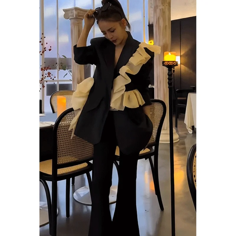 MiiiiX Office Lady Ruffles Casual Blazer Women Suit Jacket 2024 Autumn Fashion Loose Contrast Patchwork Outerwear Female Clothes