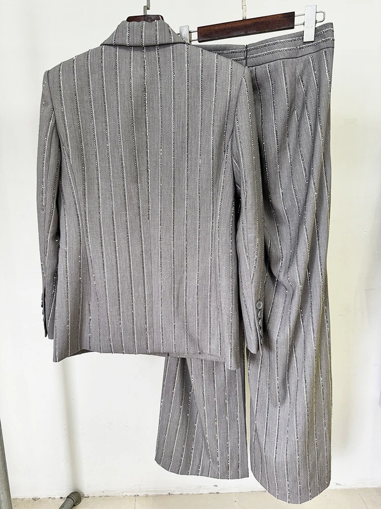 Women Pants Two Piece Sets Women Gray Rhinestone Single Button Blazer + Sparkle Striped Diamonds Pants Suits Evening Party Club