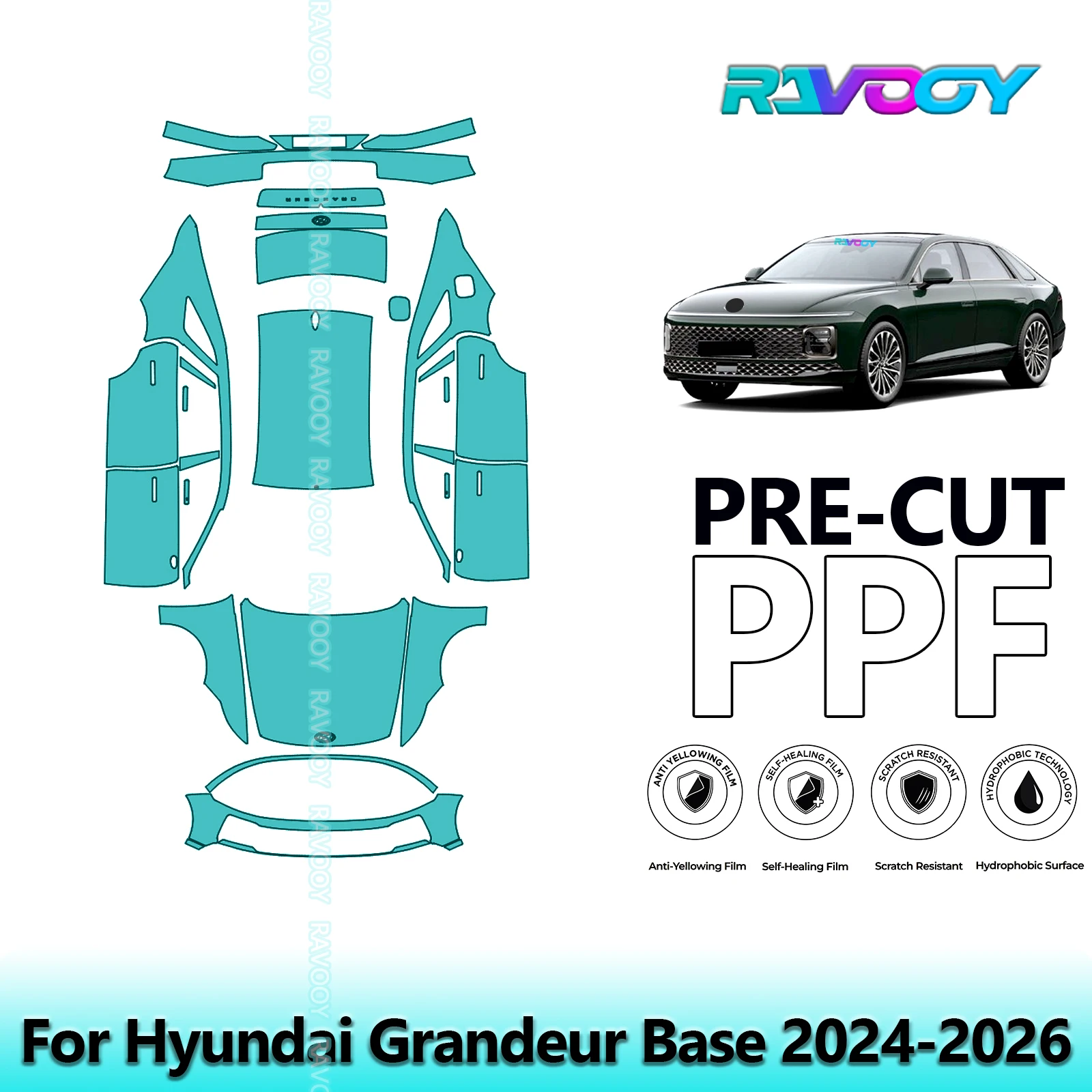 

Пленка для полной защиты кузова автомобиля (PPF) 8.5 Mil, предварительно вырезанная, для Hyundai Grandeur Base 2024-2026