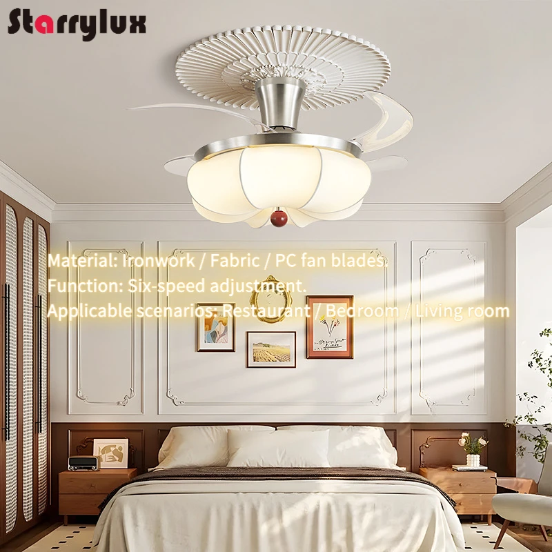 

Invisible Ceiling Fan Light Vintage Cream Style - 6-Speed Quiet Fan with Fabric Shade, for Living Room/Bedroom/Dining Room