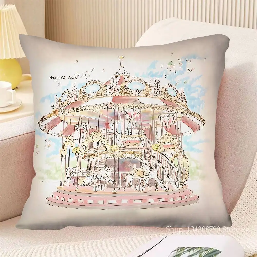 Pastel Circus Carousel Castle Pillow Case Fashion Square Pillowcase Bedroom Sofa Room Ins Decoration Leisure