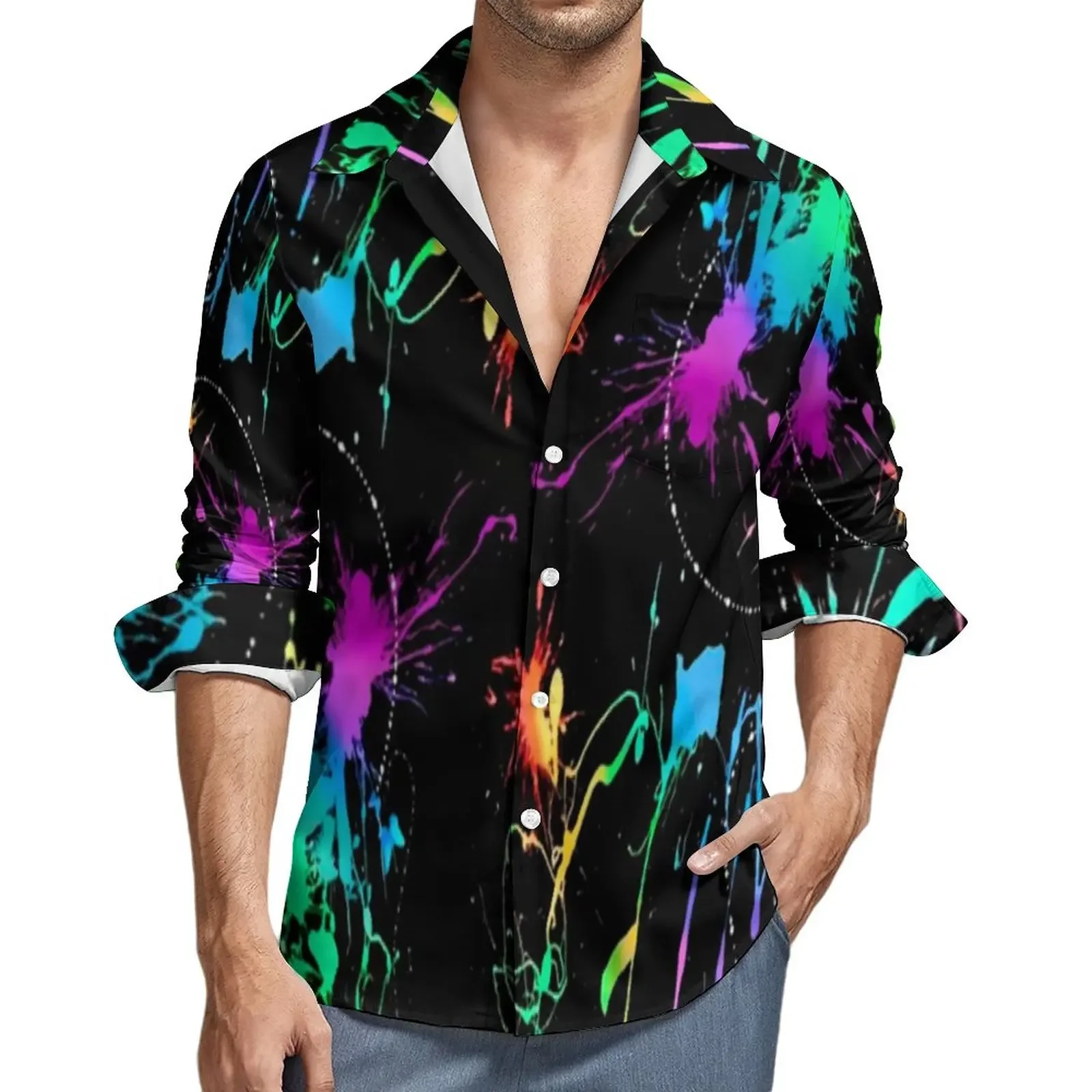 New Men's Colorful Neon Paint Shirt Cute Splash Print Casual Shirt Autumn Printed Shirt Lapel Long Sleeve Top