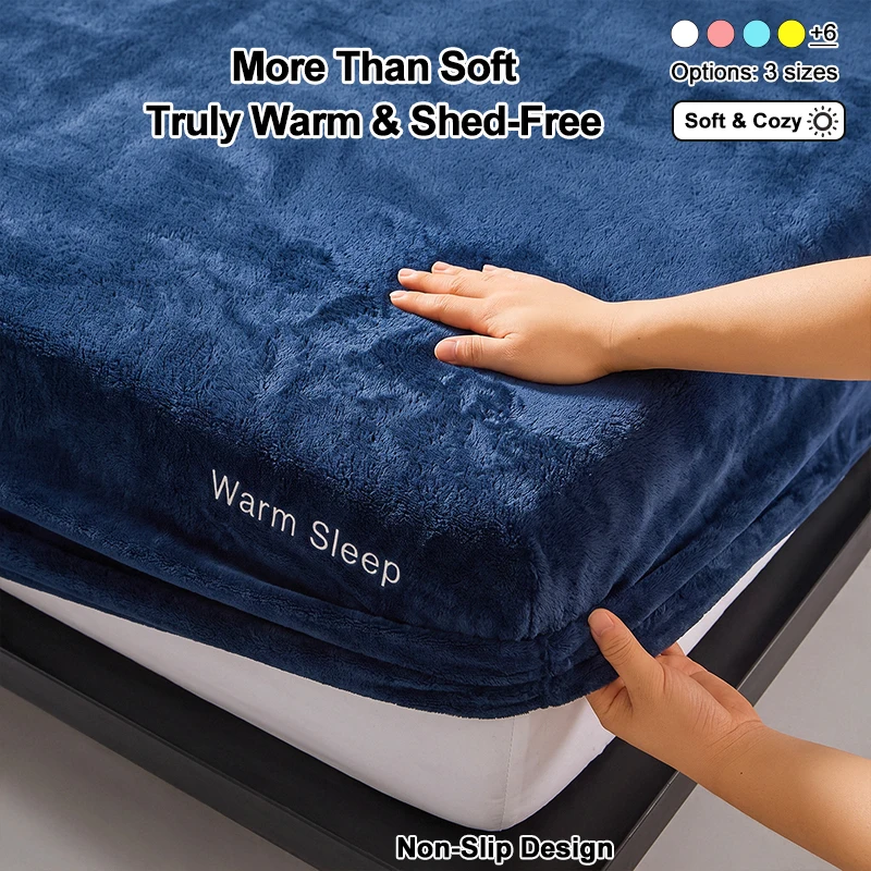 Plush Fitted Sheet, Soft Warm Non‑Shed Velvet Bed Fitted Sheet, Deep Pocket Elastic Flannel Bed Cover, Non‑Slip Bed Sheet Winter