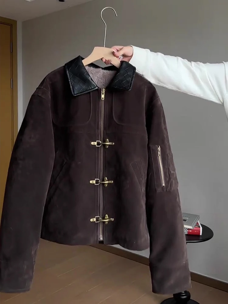 

Винтажная ретро-куртка из замши для мужчин и женщин, зимняя теплая повседневная верхняя одежда на молнии, утепленное хлопковое пальто прямого кроя
