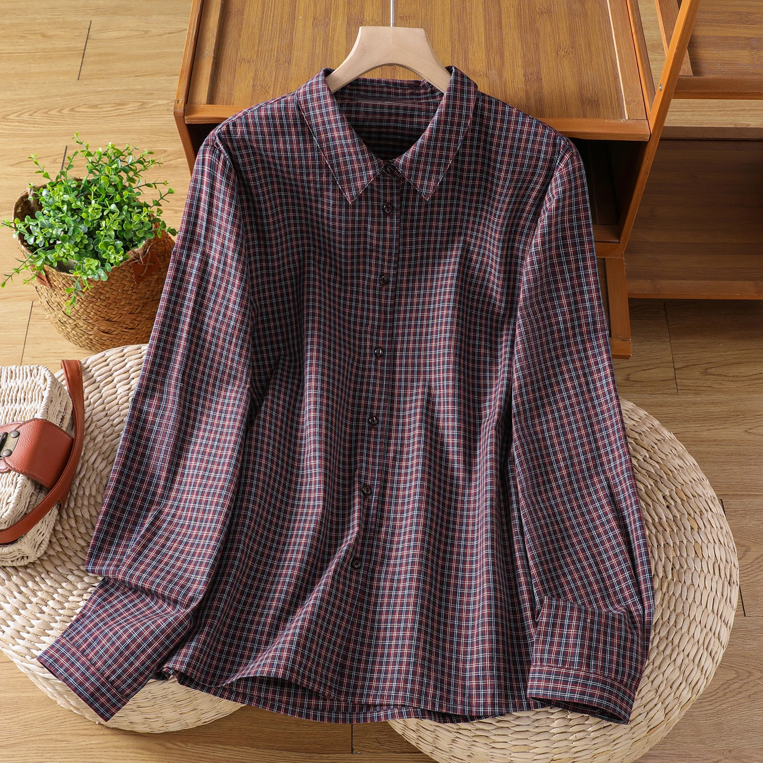 

Pure Cotton Plaid Shirt Women's Retro Casual Long Sleeve Thin Style Button up Cardigan Spring Summer Loose Fit Lightweight