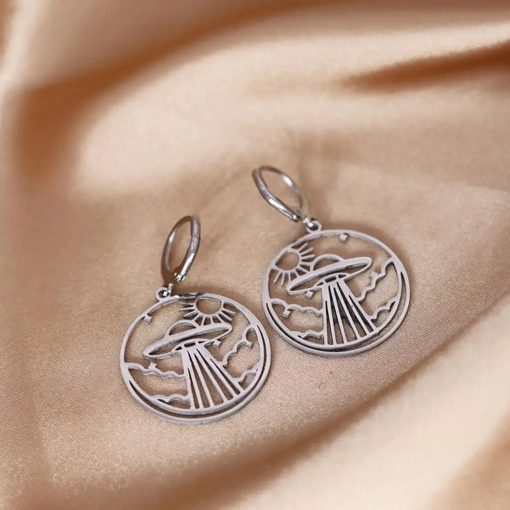 QIAMNI Universe Galaxy Solar System Planet Stars Sun Saturn Earth UFO Space Astronomy Stainless Steel Hoop Earrings Jewelry Gift