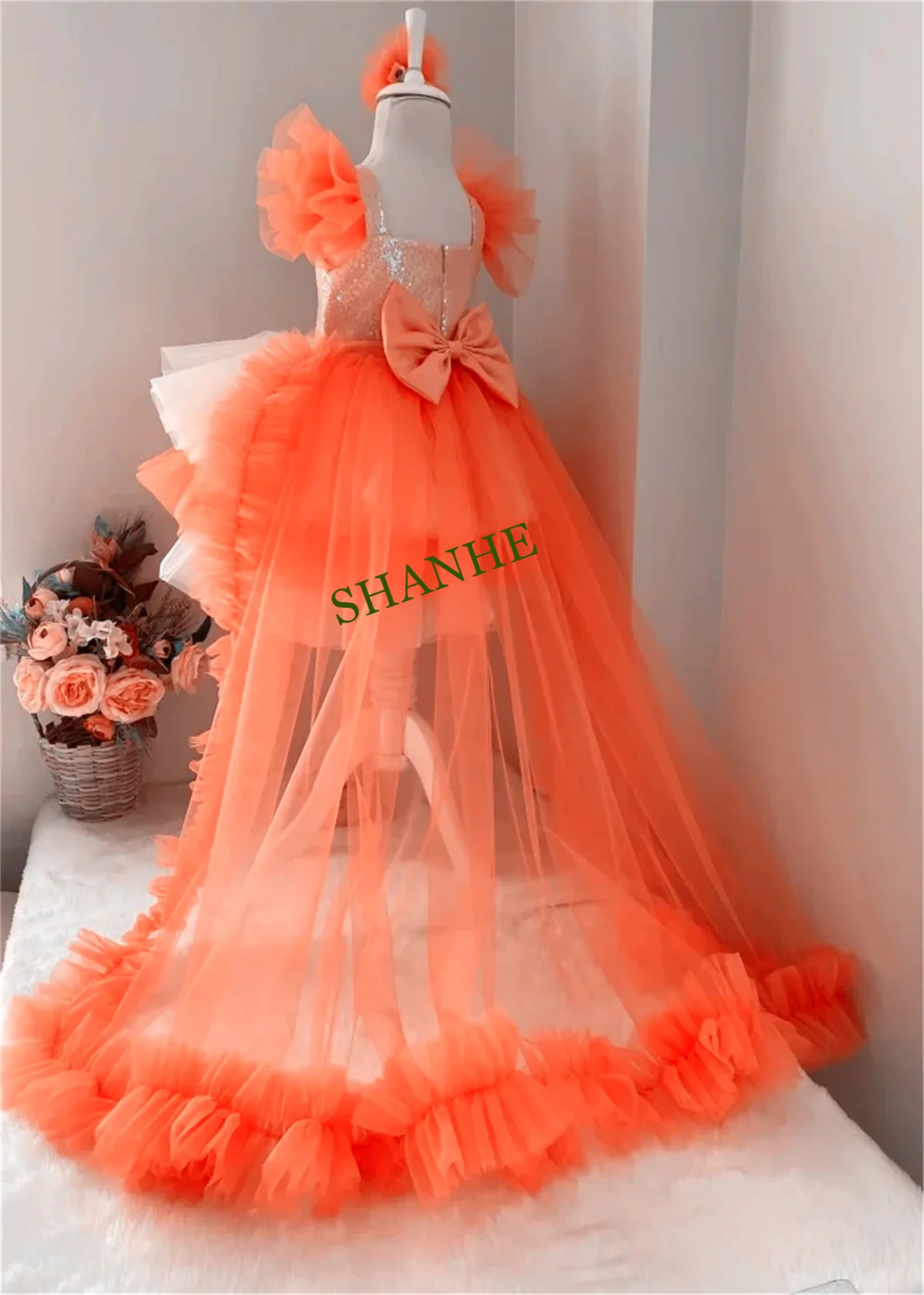 

Flower Girl Dress Puffy Tulle Orange Tiered Bow Tailing Sleeveless For Wedding Princess Birthday Party Ball First Communion Gown