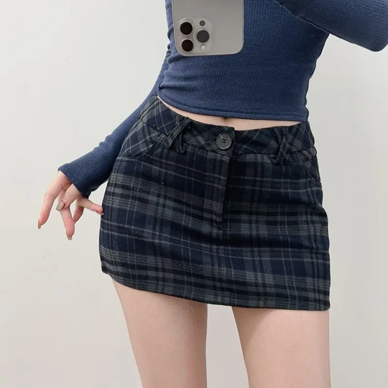 HKSH 2026 Frühling Herbst Neue Frauen Kurzen Rock Plaid Taschen Slim Fit A-Line Amerikanischen Retro Vielseitig Sexy Ins Y2K Röcke HK18160