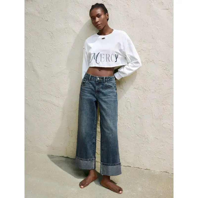 High Waist Cuffed Jeans Women's Fashion Spring Autumn High Waist Roll up Denim Pants Medium Stretch Comfortable Fit