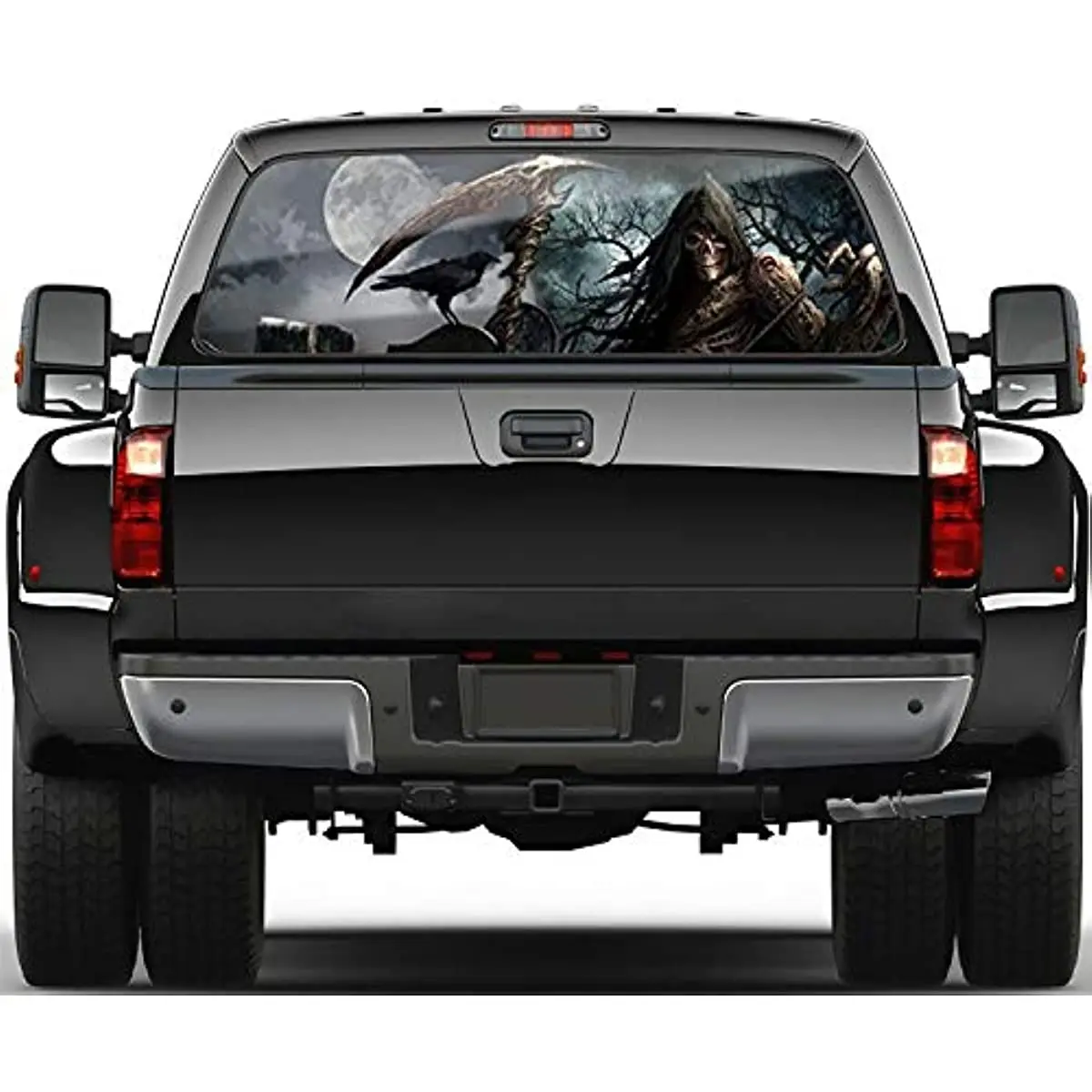 

WILDLAVIE Truck Rear Window Vinyl Sticker Grim Reaper 3D Graphic Perforated Decal Wrap Halloween Decoration Size 66" x 20" Fit M
