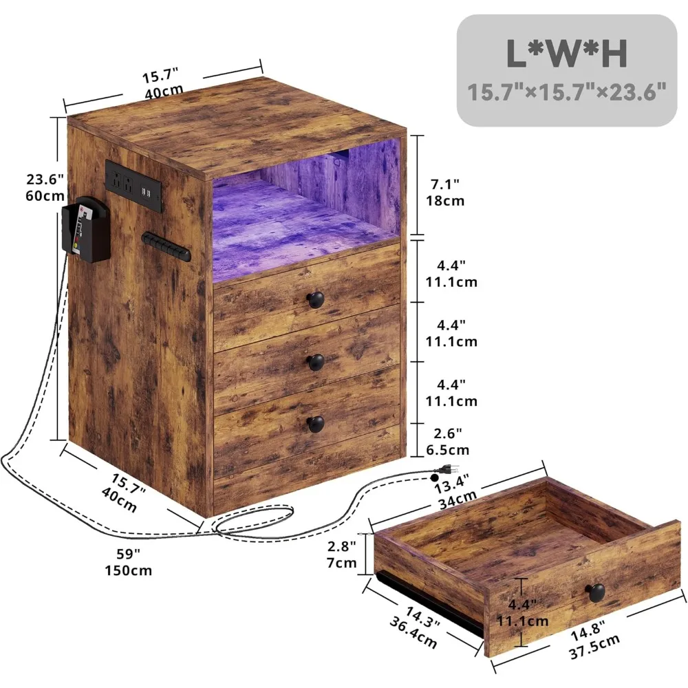 Nightstand with Charging Station and 3 Drawers, LED Lights End Side Table with Interchangeable sockets and Hooks