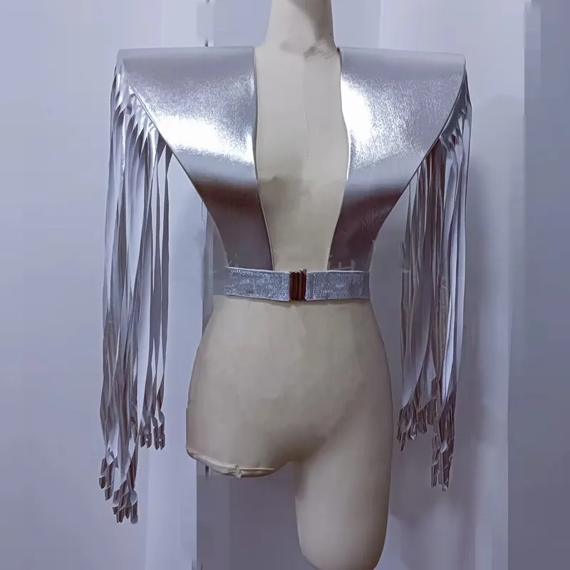 

Красный, серебристый жилет с кисточками, бахрома, доспехи, танцевальный костюм, аксессуары для мужчин и женщин, DJ Gogo, сценическое выступление, певица, шоу