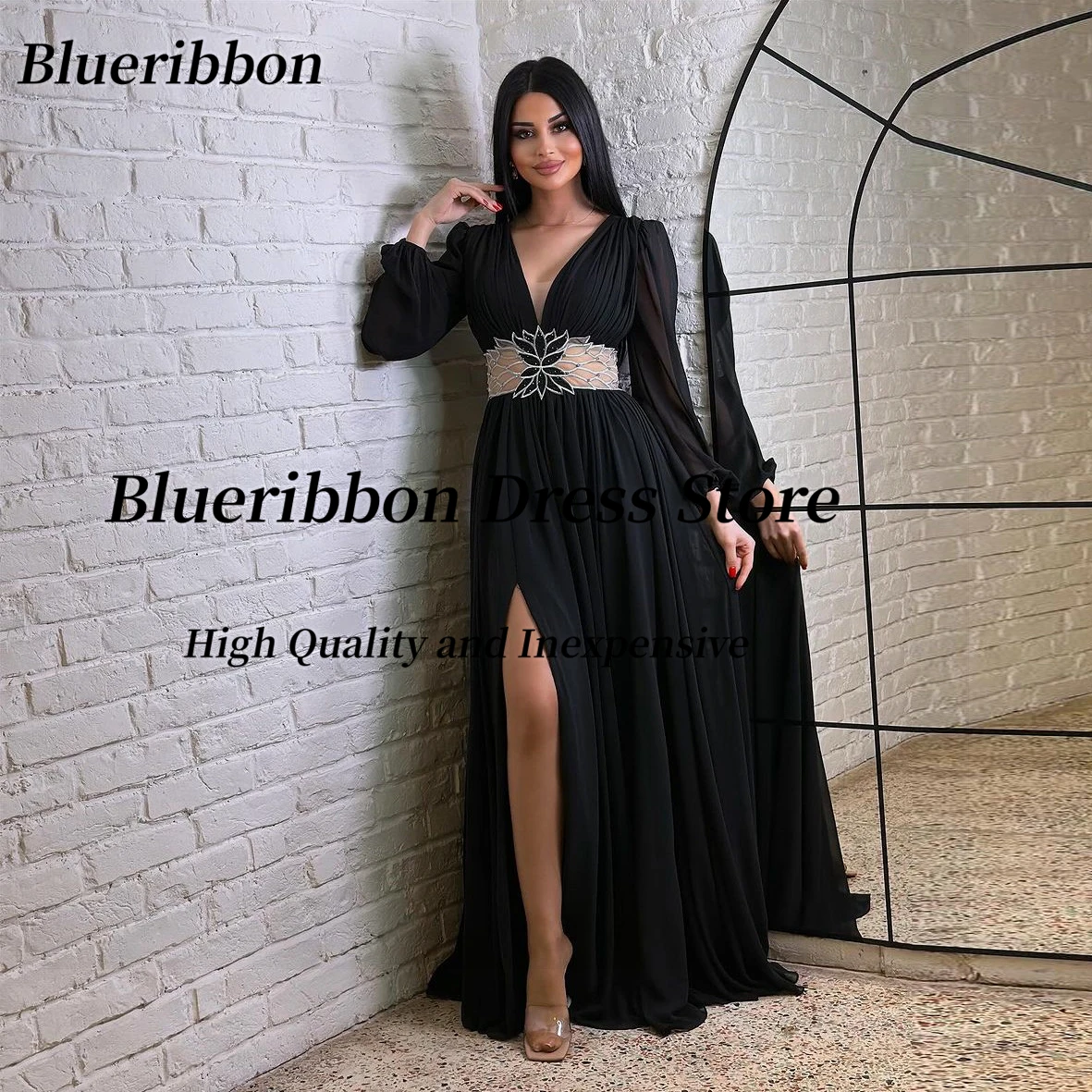 

Blueribbon Black Prom Dresses Long Sleeves V Neck Bead Sash Evening Party Dress Saudi Arabia Women Side Slit Sexy Birthday Gowns